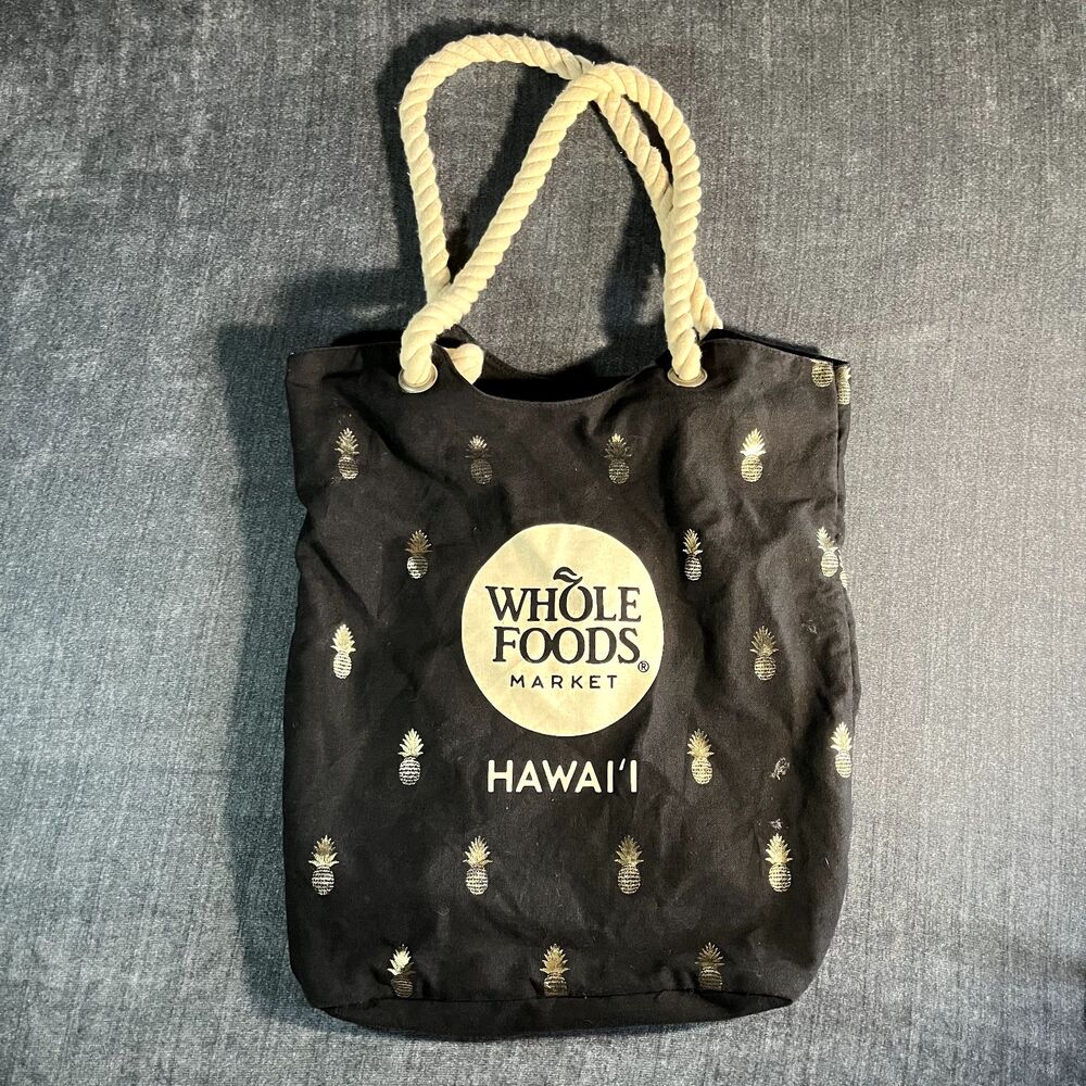 Whole Foods Market Hawaii pineapple print black and gold Aloha Rope Tote Bag